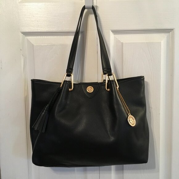 Ann Klein A Hinge Black Tassel Tote Shoulder Bag - Picture 1 of 10